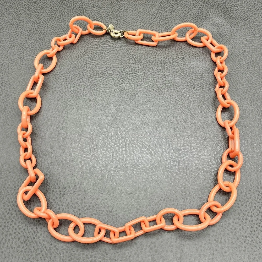 J. Crew Necklace Chain Link Womens Coral Orange Resin Gold Tone Chunky Statement